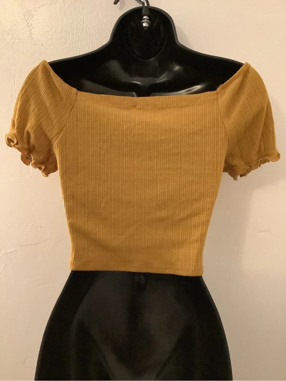 Off-Shoulder Mustard Ribbed Button-Front Crop Top - Picture 2 of 2